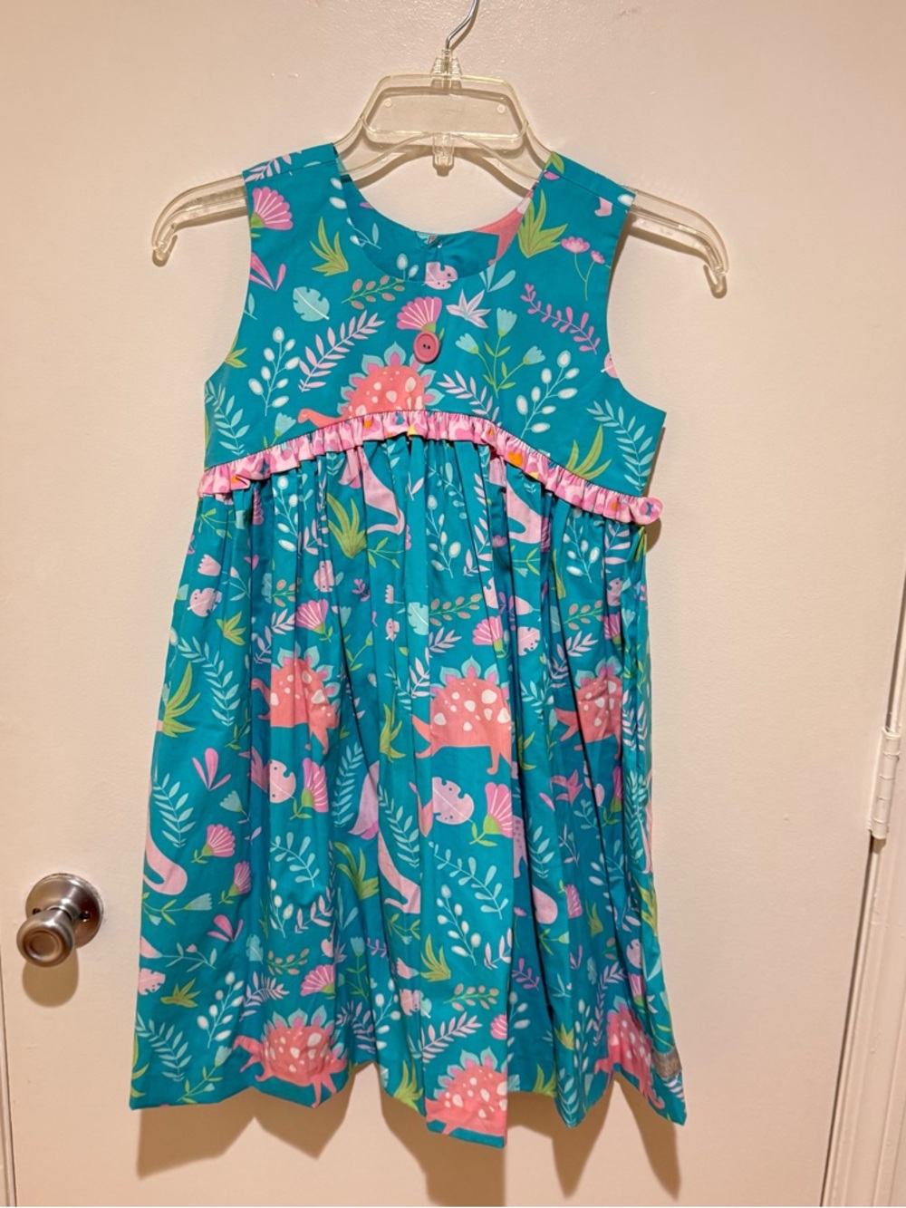 Eleanor rose “Lacey” Teal Floral & Dinosaur Ruffle Dress for Girls